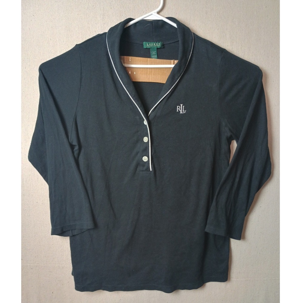 Lauren‎ Ralph Lauren Knit Top 3/4 Sleeve Button RLL Logo Black 1X Long Sleeve O